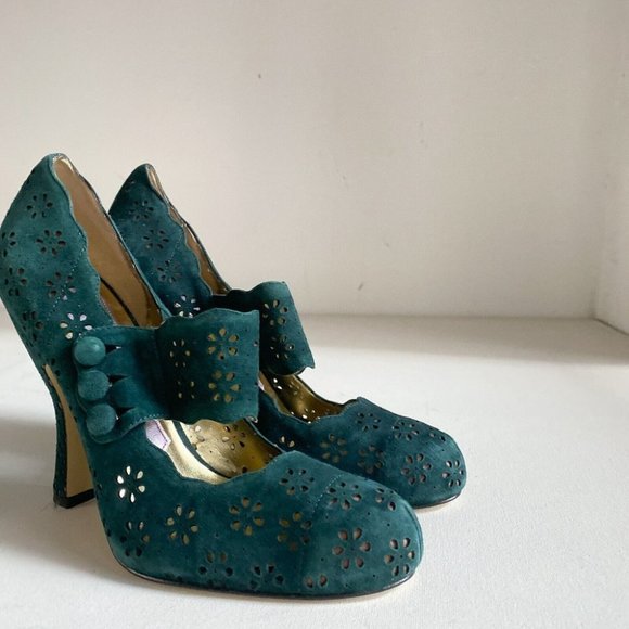 Brand NEW Hale Bob Emerald Green Leather Laser Cut MAry JAne High Heels 9.5M - Picture 2 of 7